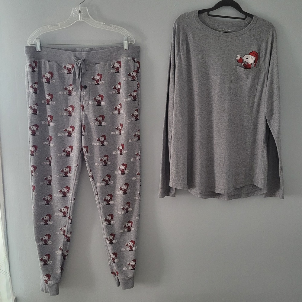 American Eagle Mens Peanuts Snoopy Christmas Pajama Set Large Gray Holiday